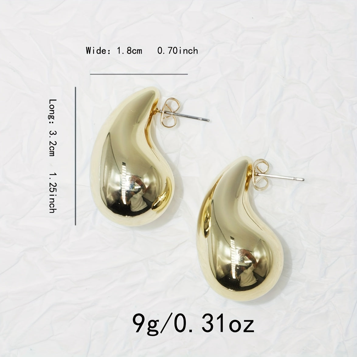 Glossy Chunky Water Drop Shaped Stud Earrings 18K Gold Plated