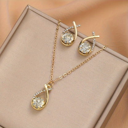 3-Piece Set Golden Luxury Crossover Shape Lucidly Rhinestone Stud Earrings And Necklace