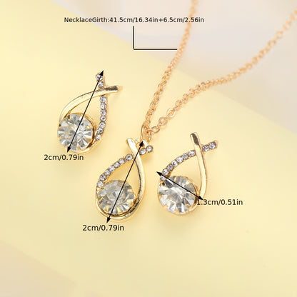 3-Piece Set Golden Luxury Crossover Shape Lucidly Rhinestone Stud Earrings And Necklace