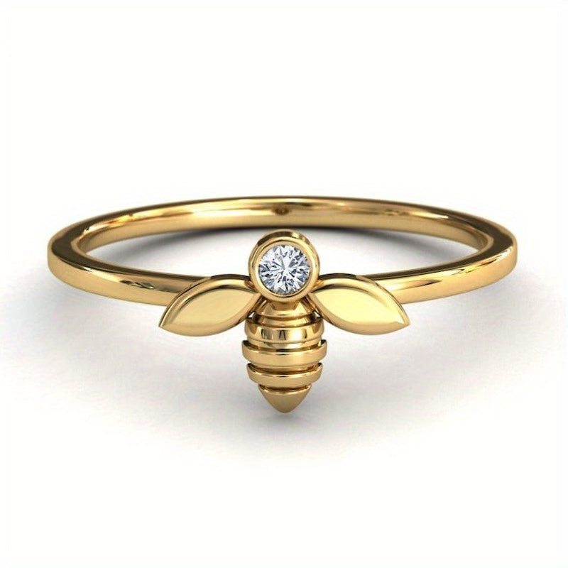 Elegant Minimalist Bee Design 18K Golden Plated Copper Ring with Synthetic Zirconia