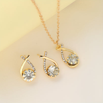 3-Piece Set Golden Luxury Crossover Shape Lucidly Rhinestone Stud Earrings And Necklace