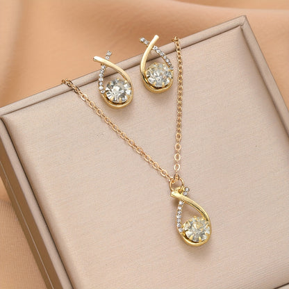 3-Piece Set Golden Luxury Crossover Shape Lucidly Rhinestone Stud Earrings And Necklace