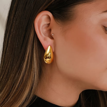 Glossy Chunky Water Drop Shaped Stud Earrings 18K Gold Plated